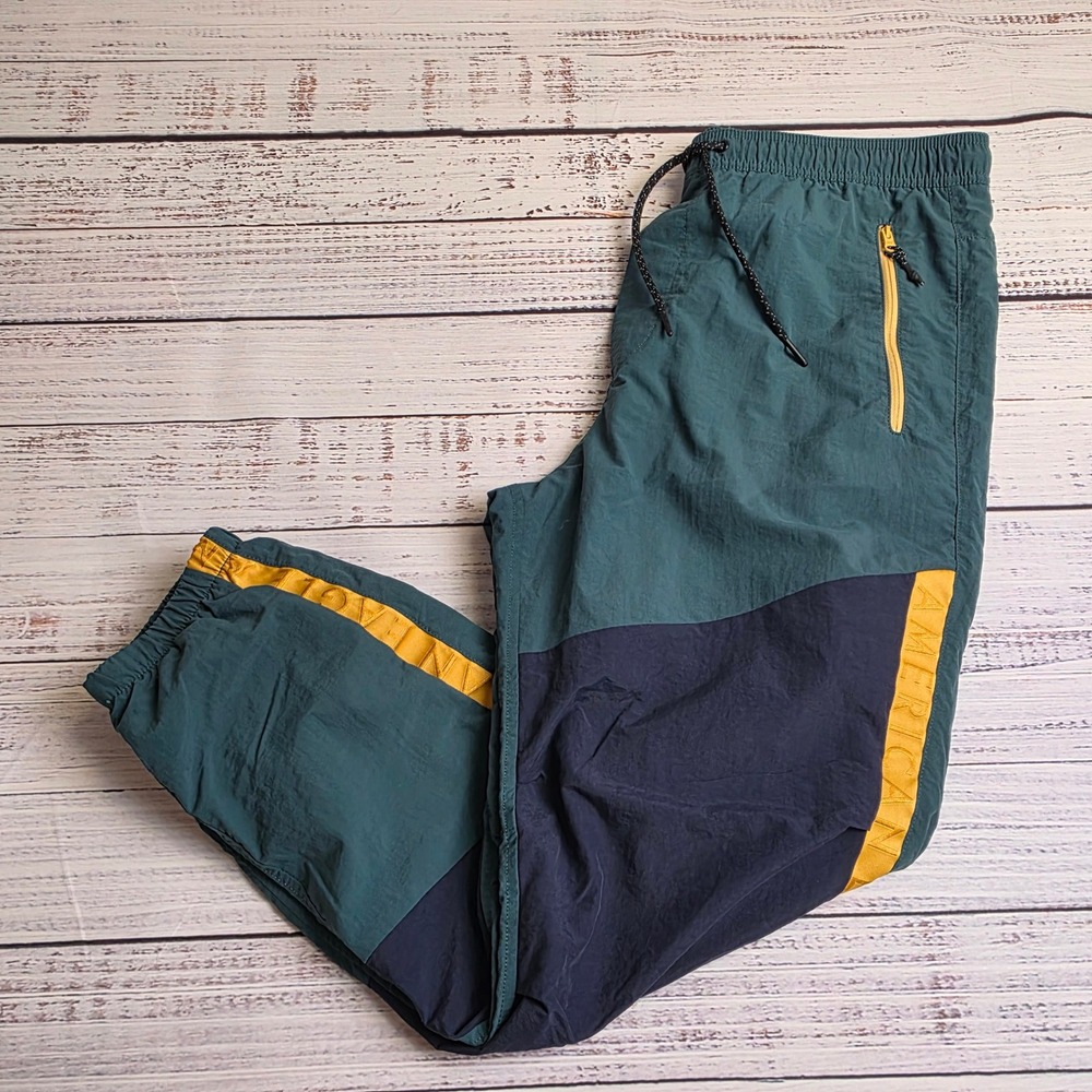 American Eagle Mens Medium Colorblock Nylon Track Pants Teal Navy Yellow Joggers